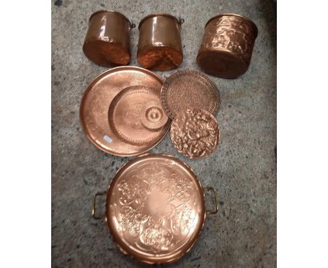 SHELF WITH EMBOSSED TRAYS, POTS &amp; OTHER COPPER ITEMS