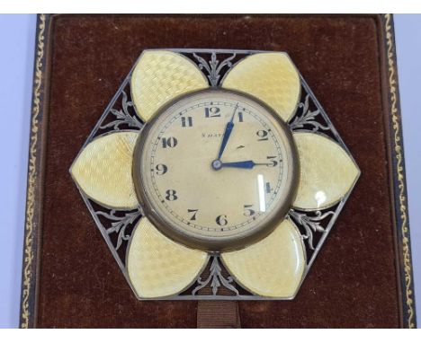 SILVER &amp; YELLOW GUILLOCHE PETAL SHAPED TRAVEL CLOCK,ENAMEL ON 1 PETAL DAMAGED, NOT WORKING, IN CASE