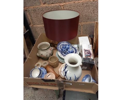 4 CARTONS OF MISC CHINAWARE INCL; PLATES, LAMP SHADE, F/G PICTURES, BAROMETER, FIGURINES