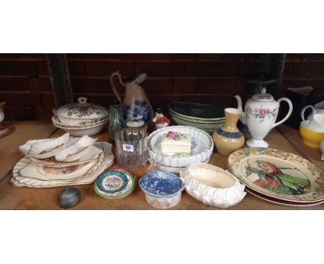 SHELF WITH MISC CHINAWARE, PLATES, DISHES BY MYOTT &amp; A ROYAL DOULTON PLATE 'THE JESTER'