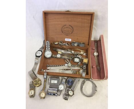 CIGAR BOX OF WHITE METAL GENTS &amp; LADIES WRIST WATCHES INCL; ROTARY &amp; SEKONDA