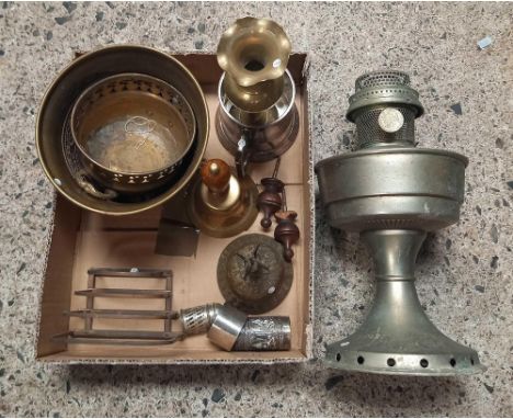 CARTON WITH MISC BRASS WARE INCL; 2 BELLS, OLD OIL LAMP &amp; OTHER BRASS ITEMS