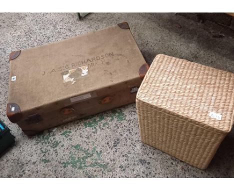 CANVAS &amp; LEATHER MILITARY TRAVEL TRUNK &amp; A RAFFIA LIDDED LINEN BASKET