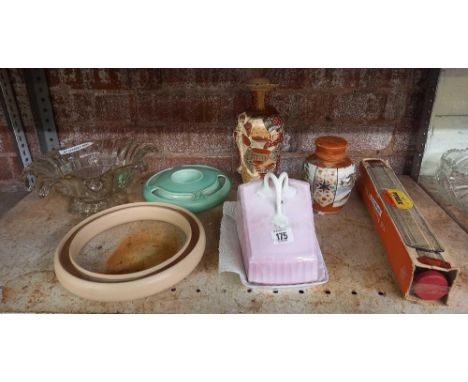SHELF WITH CHEESE DISH, GLASS PYREX ROLLING PIN, GLASS BOWL, CHINESE VASES &amp; 2 POSY HOLDERS