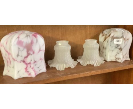 2 LARGE SIMILARLY DECORATED 1920'S GLASS LAMP SHADES &amp; A MATCHING SMALLER PAIR