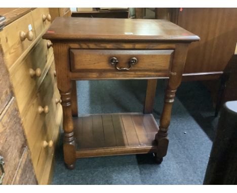 HEAVY OAK SIDE TABLE WITH DRAWER  SHELF UNDER WITH TURNED LEGS