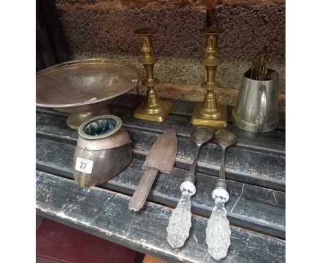 SHELF WITH BRASS CANDLESTICKS, PLATED SPOONS, PONY HOOF &amp; OTHER PLATED ITEMS