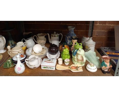 SHELF WITH MISC JUGS, VASES, DUCK EGG CROCK, FROG TEA POT &amp; OTHER CHINAWARE