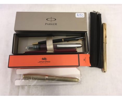 3 VARIOUS PARKER &amp; INK PENS, 1 JINHAO GOLD COLOURED INK PEN &amp; 1 GOLD COLOURED ROLLER BALL PEN,BODY ONLY