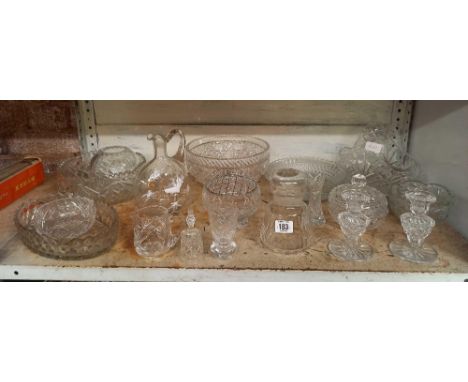 SHELF WITH VARIOUS CANDLESTICK HOLDERS,FRUIT BOWLS &amp; OTHER GLASS ITEMS