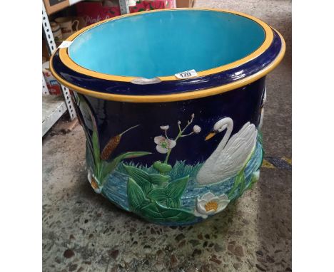 LARGE CERAMIC JARDINIERE DECORATED WITH SWANS &amp; BULL RUSHES, 1 EDGE CHIP
