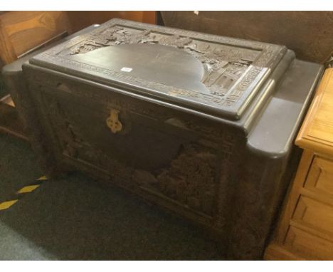 HEAVILY CARVED VINTAGE DARK WOOD CAMPHOR CHEST WITH HINGED LID &amp; HEAVY BRASS LOCK &amp; KEY, 40" WIDE