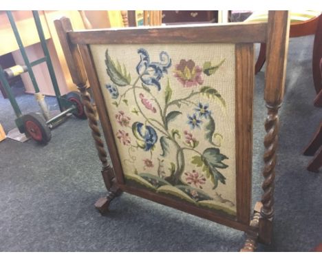 OAK FIRE SCREEN WITH BARLEY TWIST PILLARS &amp;  INSET FLORAL EMBROIDERED PICTURE