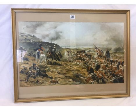 19THC COLOURED PRINT OF A BATTLE SCENE, INDISTINCTLY SIGNED &amp; DATED 1883, 16” X 26”