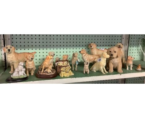 SHELF OF APPROX 18 VARIOUS CERAMIC &amp; RESIN GOLDEN RETRIEVERS