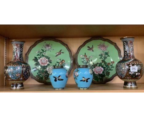 SHELF OF ORIENTAL CLOISONNE PLATES &amp; VASES