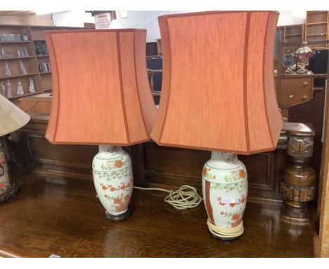 PAIR OF MODERN ORIENTAL CERAMIC TABLE LAMPS &amp; SHADES, NEEDS RE-WIRING