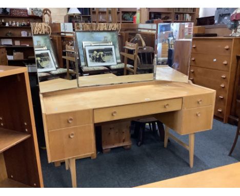 VINTAGE PLYWOOD DRESSING TABLE WITH ADJUSTABLE TRIPLE MIRROR TO BACK, 51" WIDE BY MEREDEW FURNITURE