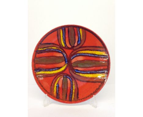 A Poole Pottery Delphis dish, shape 5, decorated in an abstract pattern in tones of blue, yellow and red by Loretta Leigh (13