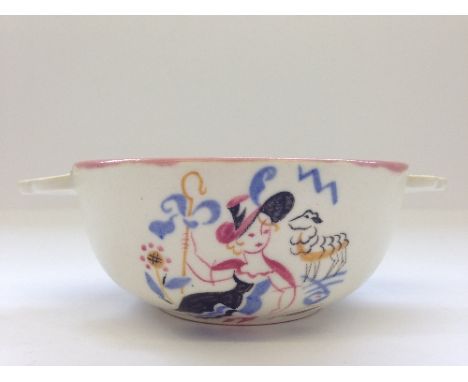 An early 20th century Poole Pottery Nursery Ware twin handled bowl, decorated in the LB Bo Peep pattern, designed by Dora Bat