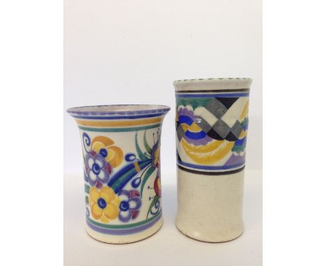 A small Poole Pottery spill vase, shape 205, decorated in the UE pattern together with a small vase with flared rim, shape 11