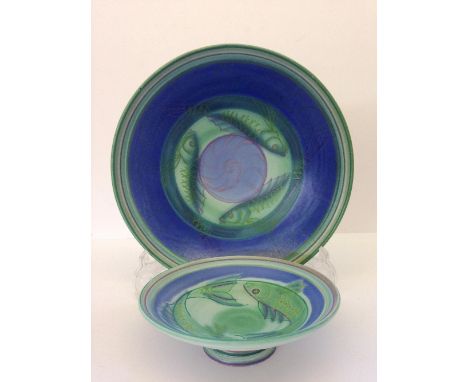 A Poole Studio pedestal bowl designed by Sally Tuffin in the Fish pattern (10.5") together with a matching smaller bowl (6.5"