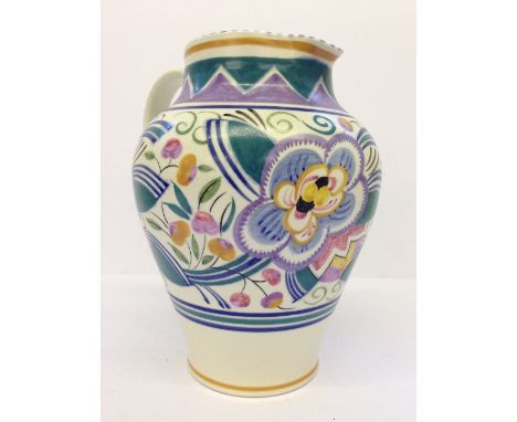 A Poole Pottery single handle jug, shape 950, decorated in the V pattern by Clarice Heath (8.5").