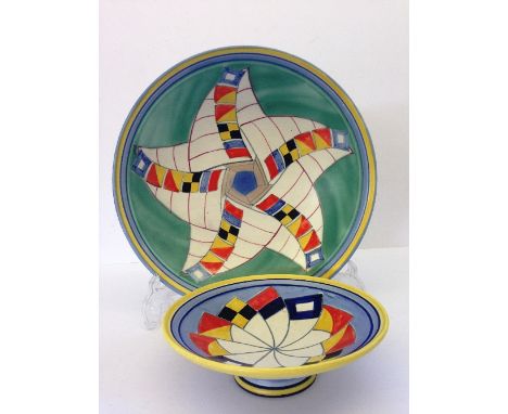 A Poole Studio pedestal bowl, designed by Sally Tuffin in the Flags pattern (10.5") together with a matching small pedestal b