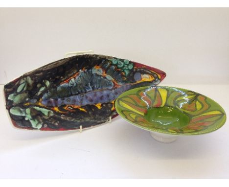A Poole Pottery Delphis spear dish, shape 82 (17'') together with a green Delphis footed bowl (2).