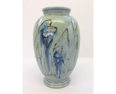 A modern Poole Studio vase, decorated in the Velta design in tones of blue and grey by Susan Pottinger (8").