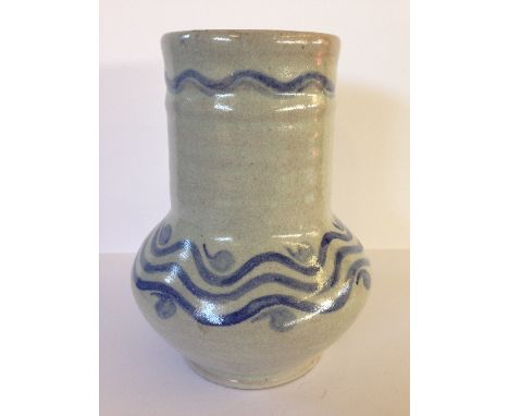 An early Carter Stabler Adams, Poole Pottery grey stoneware vase, shape 335D, decorated in the DA wavy blue line and dot desi