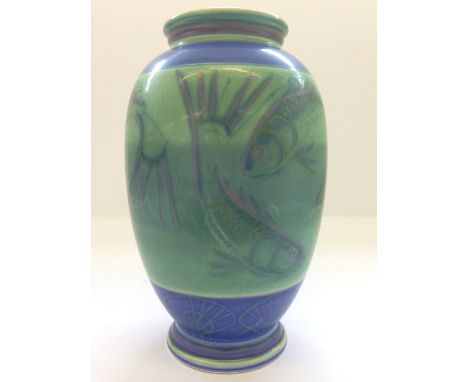 A modern Poole Studio vase, designed by Sally Tuffin in the Fish pattern (8").