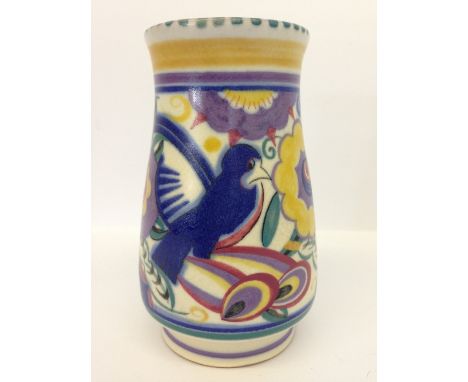 A Poole Pottery vase, shape 204, decorated in the QB (Comical Bird) pattern by Nellie Bishton (5.5").