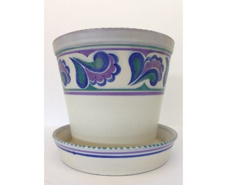 A Carter Stabler Adams Limited Poole Pottery jardiniere and saucer, decorated in the HH pattern by Winifred Collett (8.5").