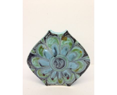 A Poole Pottery Delphis 'Packet of Crisps' vase, decorated in tones of blue, green and black (8").