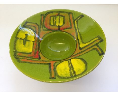 A Poole Pottery Delphis pedestal bowl, shape 77, decorated in an abstract design by Carol Cutler in tones of yellow and red o