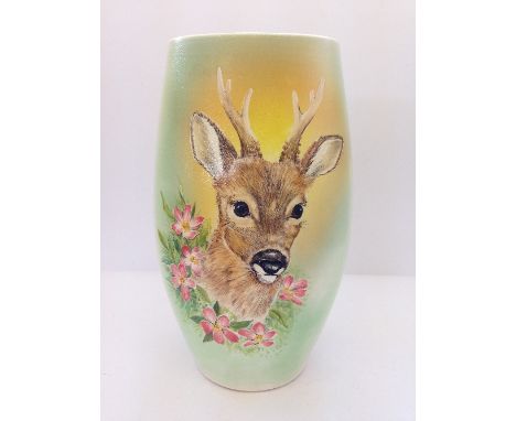 A Poole Pottery one-off Studio piece, painted by Jane Brewer on hand thrown vase by Alan White: Roe Deer Buck with Dog Rose, 