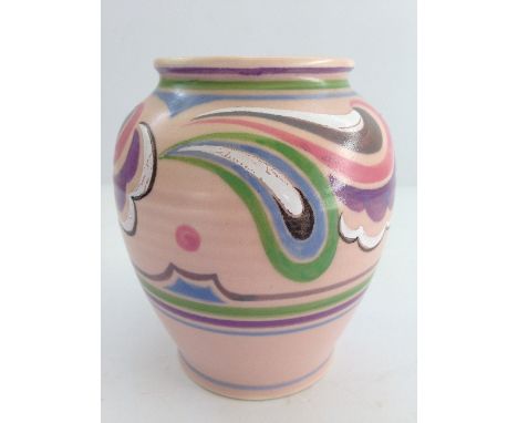 A Poole Pottery vase, shape 113, decorated in the NW pattern by Ruth Paveley in pink glaze (5").