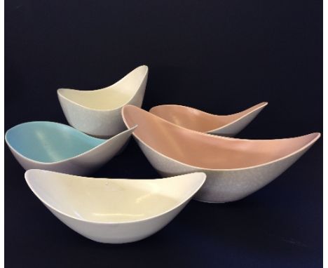 Five various Poole Pottery Contemporary design flower arranging bowls and vases in different glazes.