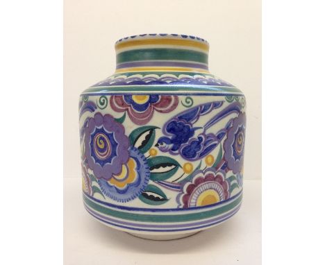 A large Carter Stabler Adams Limited Poole Pottery drum shaped vase, decorated in the HE pattern by Ruth Paveley (some spits)