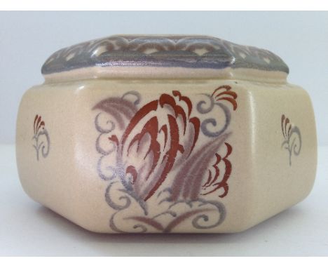A Carter Stabler Adams Poole Pottery hexagonal shape small bowl, decorated in the GG pattern in tones of brown and grey by Ru