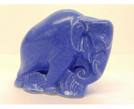 A rare small blue glazed Poole Pottery model of an elephant, probably designed by Harold Brownsword, circa 1930 (3").