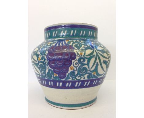 A Poole Pottery large squat vase, decorated in the NY Grape pattern by Anne Hatchard (8.75").