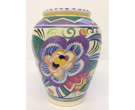 A Poole Pottery vase, shape 198, decorated in the V pattern by Marion Heath (6").