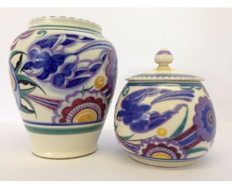 A Poole Pottery vase decorated in the PB pattern by Hilda Hampton together with a matching jam pot