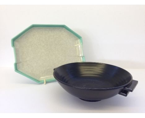 An early 20th century black glazed Poole Pottery Art Deco Plane Ware twin handled bowl (8.75" diameter) together with an Art 