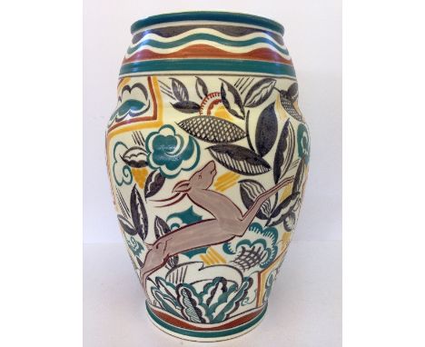 A massive Poole Pottery vase, shape 684, decorated in the EZ Leaping Gazelle pattern by Ruth Paveley (14").