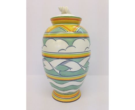 A modern Poole Studio vase and cover, designed by Sally Tuffin the Seagulls pattern with shell shaped lid.