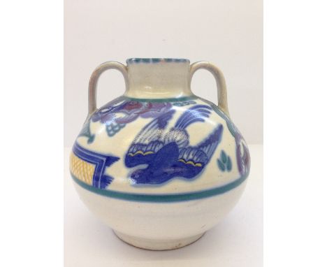 A Carter Stabler Adams Poole Pottery twin handled globular vase, shape 202, decorated in the PN pattern by Ruth Paveley (7'')