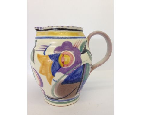 A Poole Pottery jug, shape 310, decorated in the TJ pattern by Mary Brown (kiln spits), (5.75").